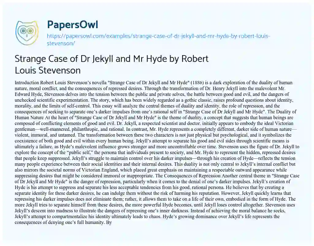 Essay on Strange Case of Dr Jekyll and Mr Hyde by Robert Louis Stevenson