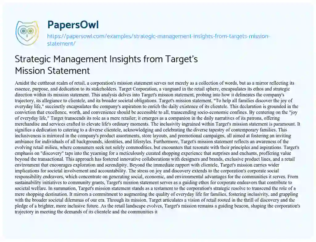 Essay on Strategic Management Insights from Target’s Mission Statement
