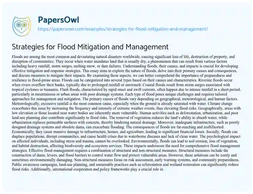 Essay on Strategies for Flood Mitigation and Management