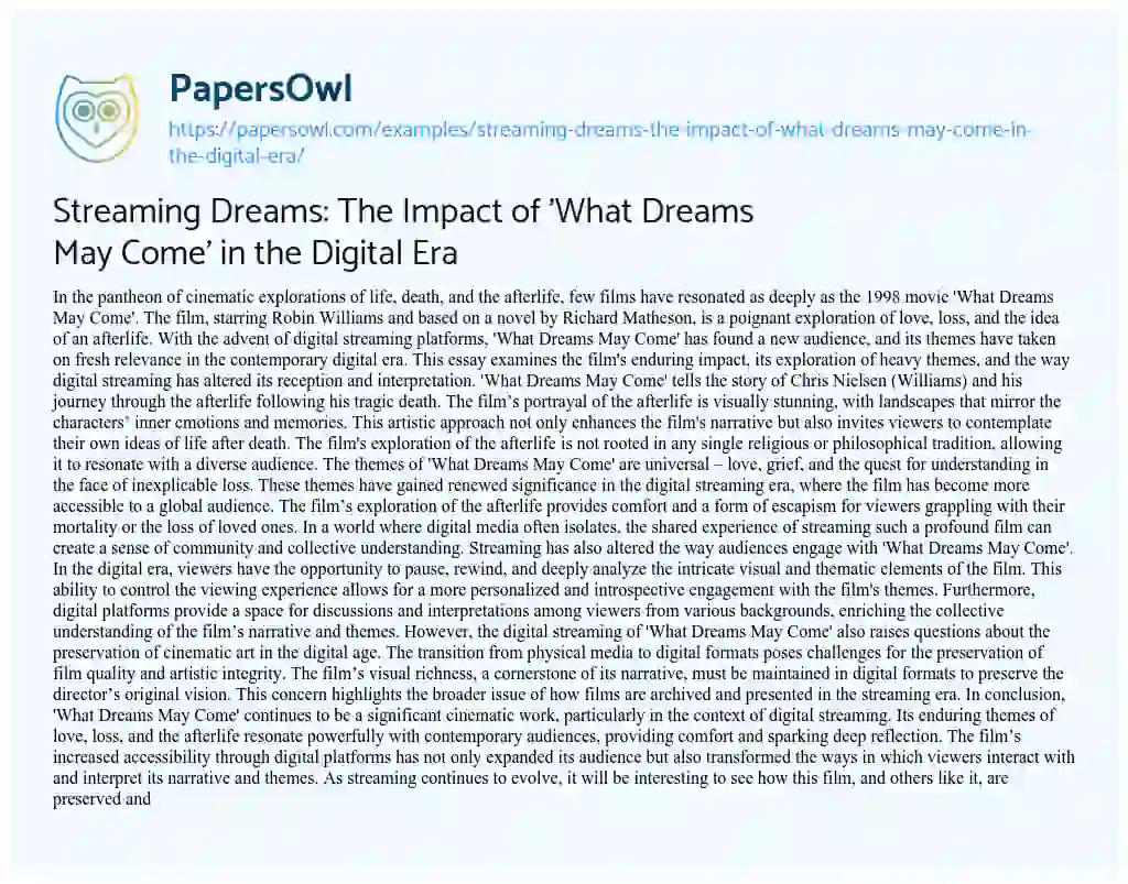 Essay on Streaming Dreams: the Impact of ‘What Dreams May Come’ in the Digital Era