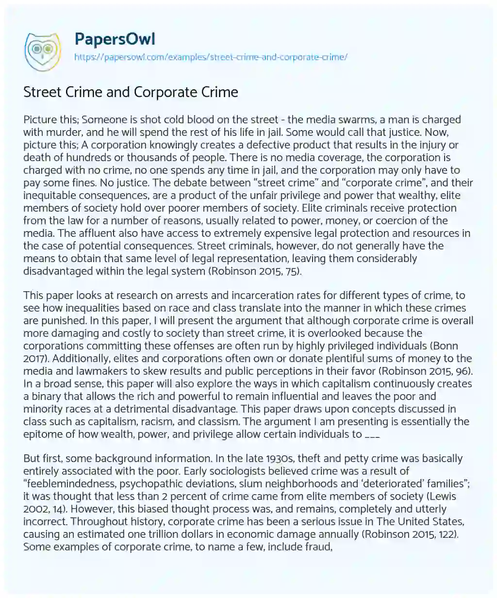 Essay on Street Crime and Corporate Crime