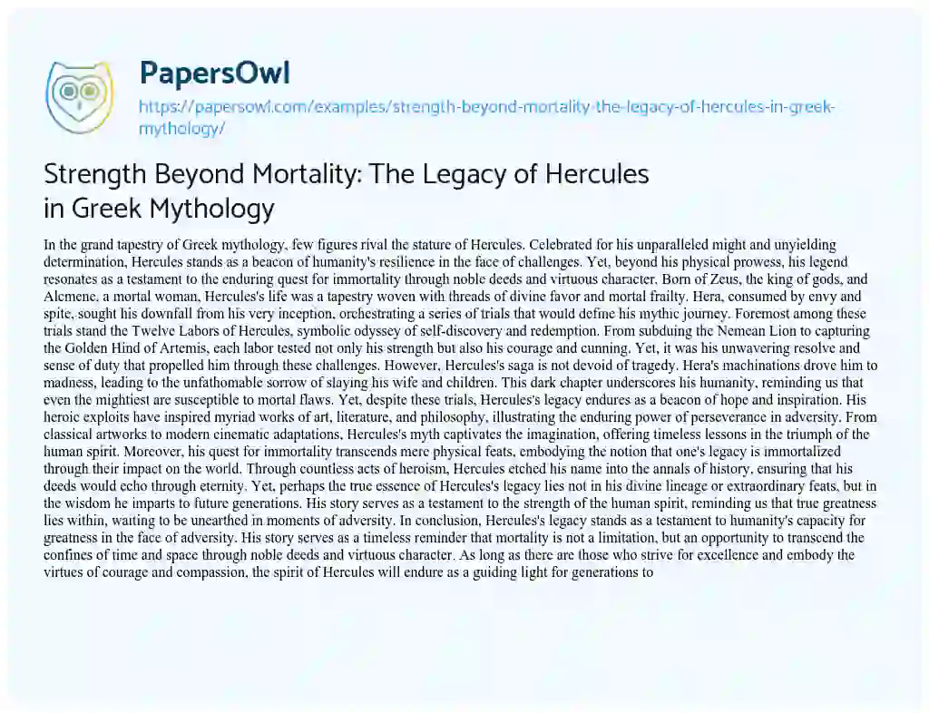 Essay on Strength Beyond Mortality: the Legacy of Hercules in Greek Mythology
