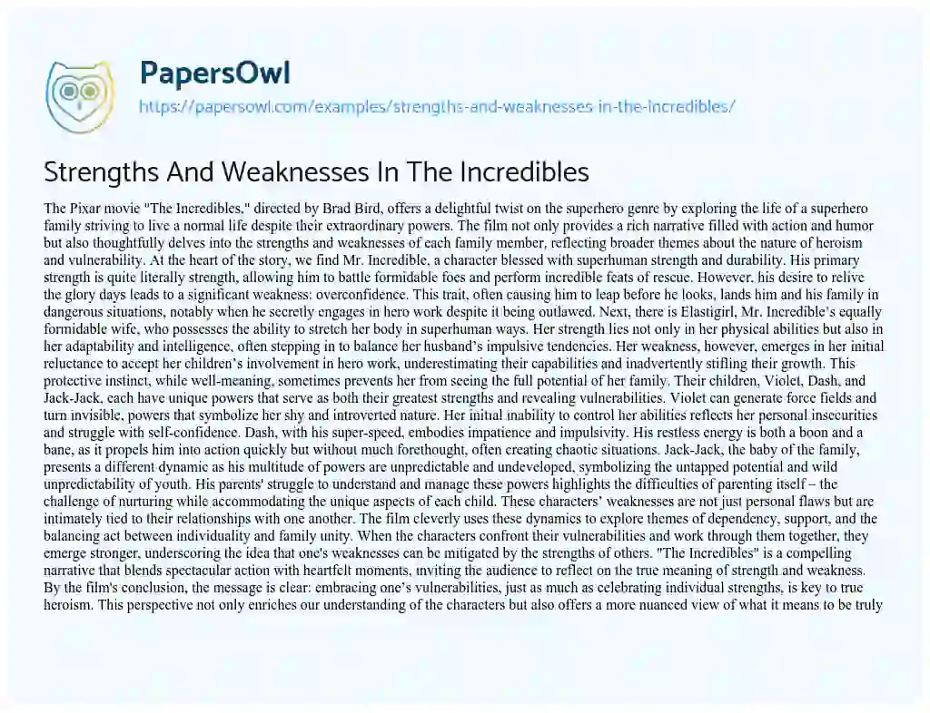 Essay on Strengths and Weaknesses in the Incredibles