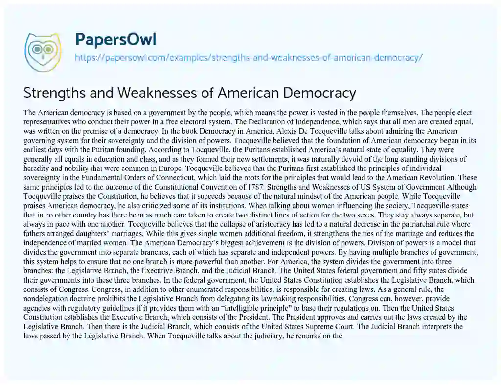 Essay on Strengths and Weaknesses of American Democracy