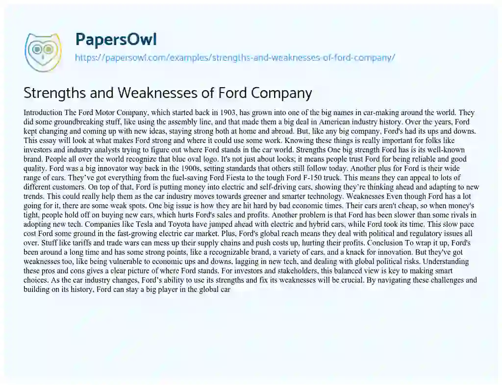 Essay on Strengths and Weaknesses of Ford Company