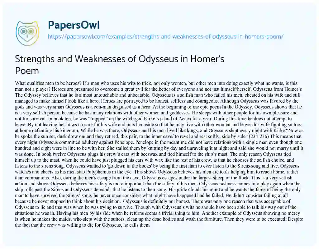 Strengths and Weaknesses of Odysseus in Homer’s Poem essay