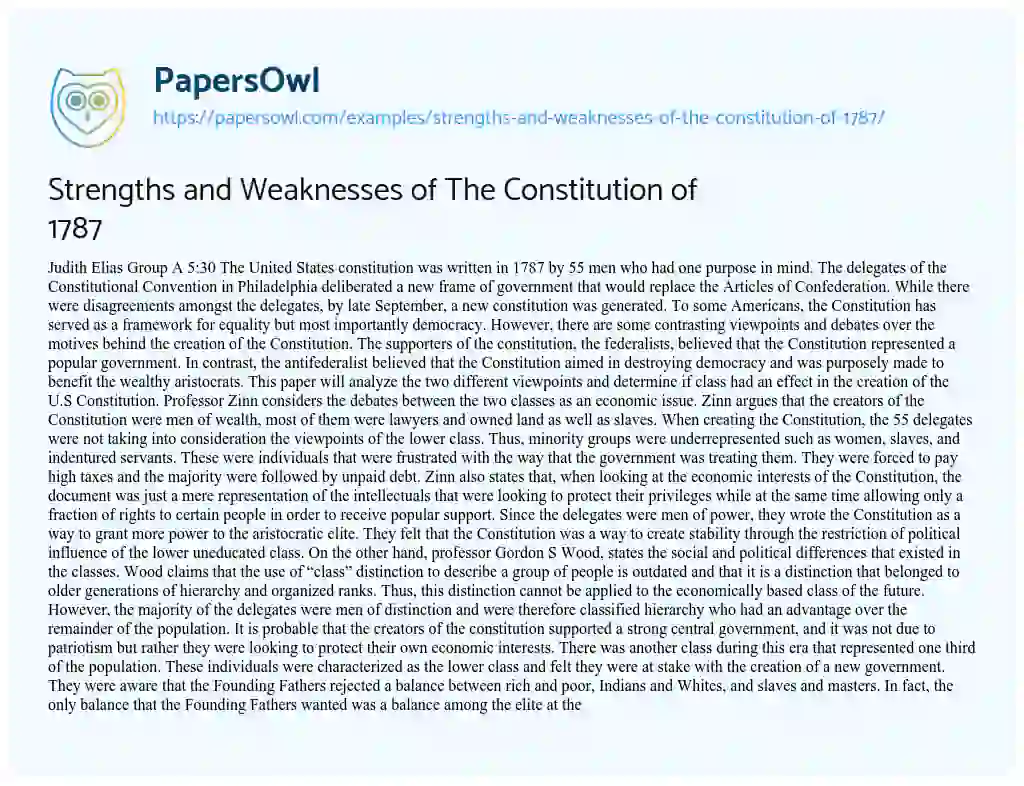 Essay on Strengths and Weaknesses of the Constitution of 1787