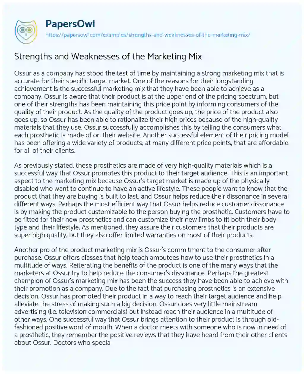 Essay on Strengths and Weaknesses of the Marketing Mix