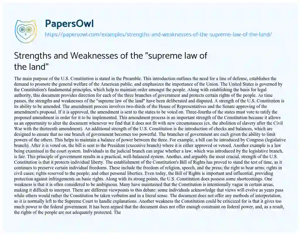 Essay on Strengths and Weaknesses of the “supreme Law of the Land”