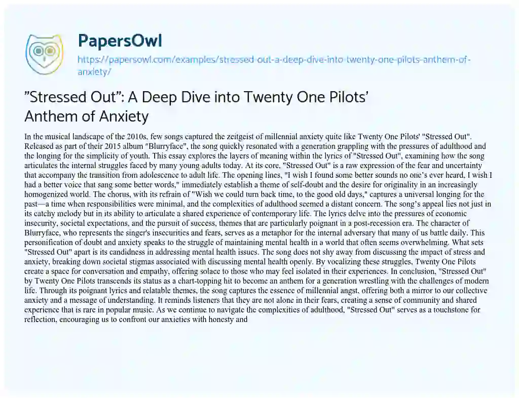 Essay on “Stressed Out”: a Deep Dive into Twenty One Pilots’ Anthem of Anxiety