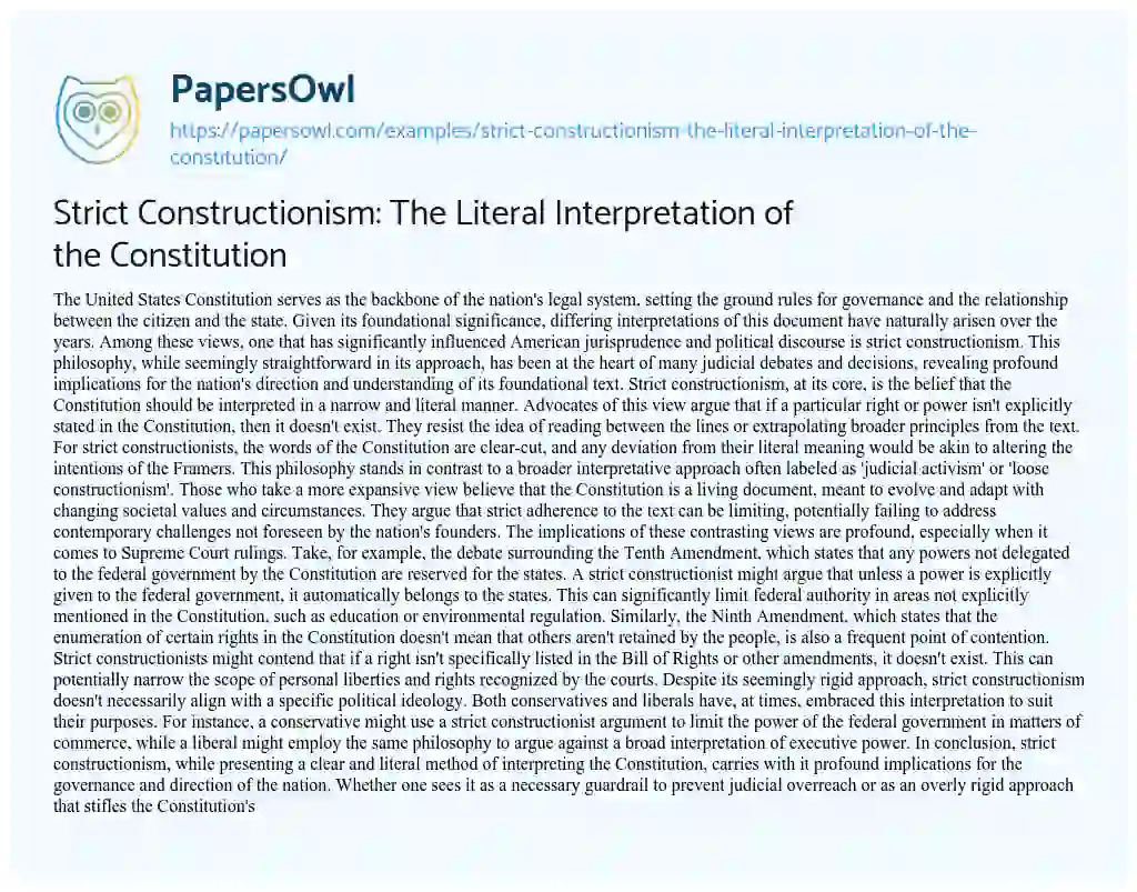 Essay on Strict Constructionism: the Literal Interpretation of the Constitution