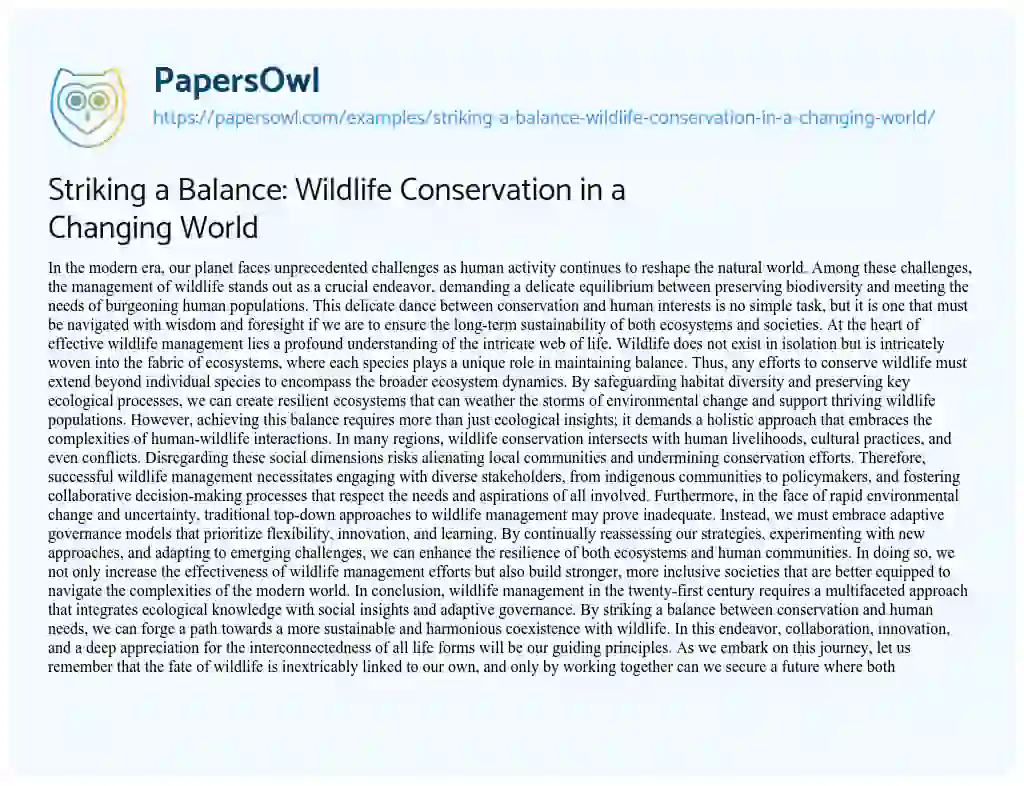 Essay on Striking a Balance: Wildlife Conservation in a Changing World