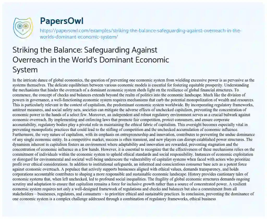Essay on Striking the Balance: Safeguarding against Overreach in the World’s Dominant Economic System