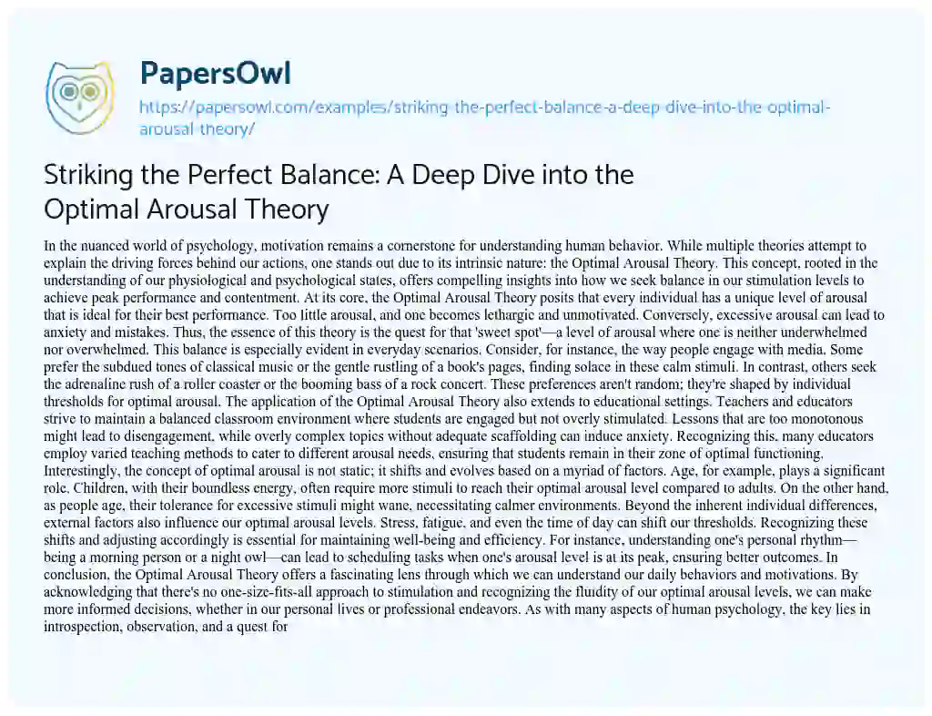 Essay on Striking the Perfect Balance: a Deep Dive into the Optimal Arousal Theory