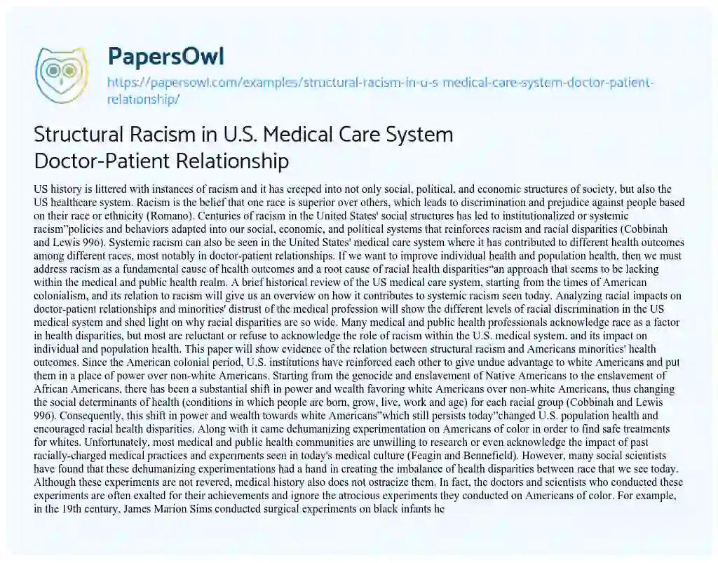 Structural Racism in U.S. Medical Care System Doctor-Patient Relationship essay