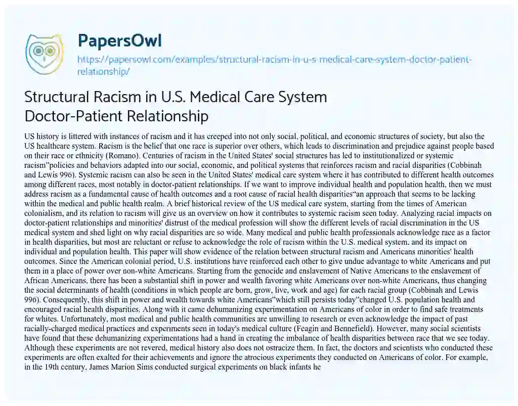 Essay on Structural Racism in U.S. Medical Care System Doctor-Patient Relationship