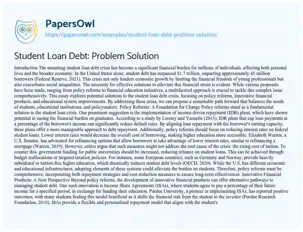 Essay on Student Loan Debt: Problem Solution
