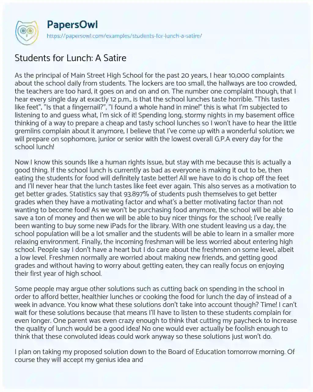 Essay on Students for Lunch: a Satire