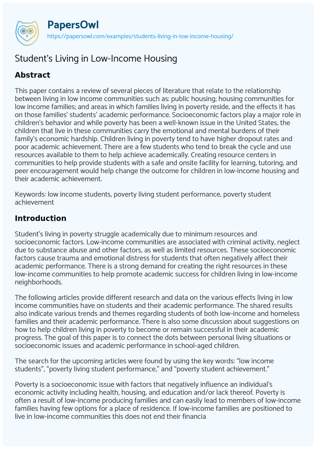 Essay on Student’s Living in Low-Income Housing