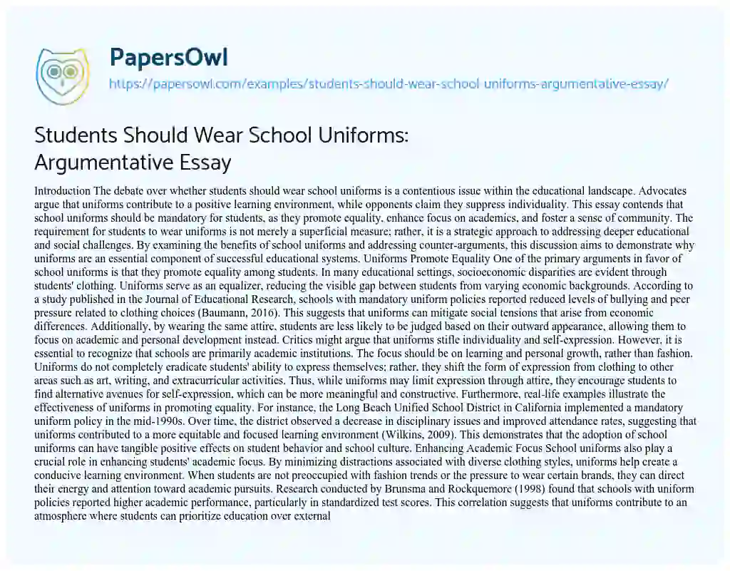 Essay on Students Should Wear School Uniforms: Argumentative Essay