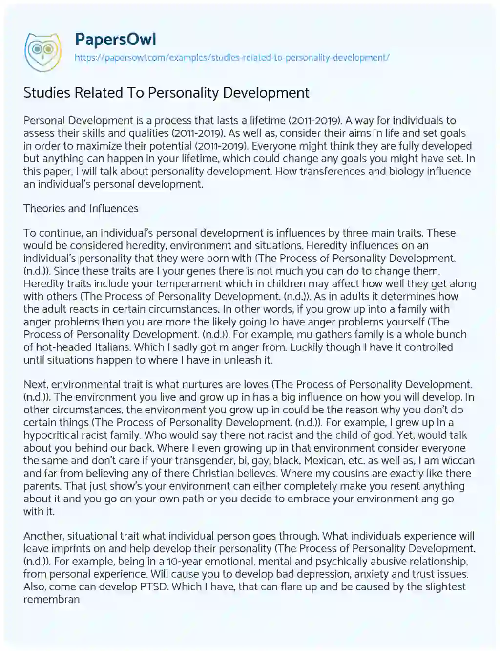 Essay on Studies Related to Personality Development