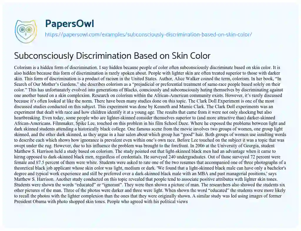Essay on Subconsciously Discrimination Based on Skin Color
