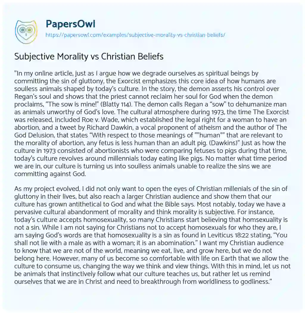 Essay on Subjective Morality Vs Christian Beliefs