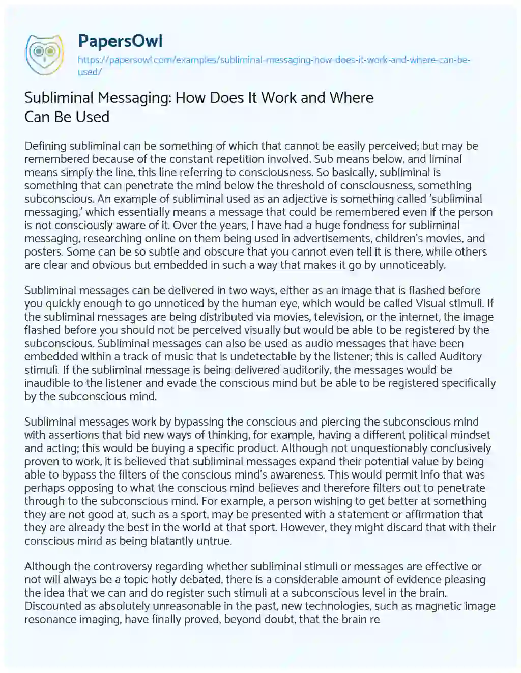Essay on Subliminal Messaging: how does it Work and where Can be Used