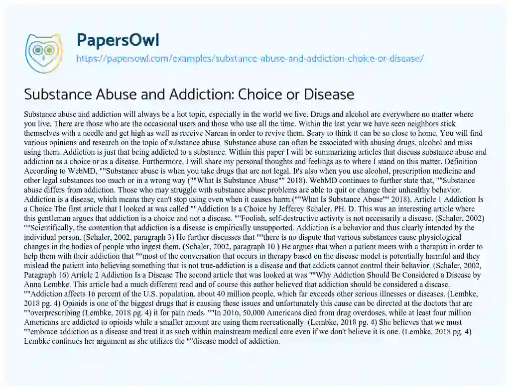 Essay on Substance Abuse and Addiction: Choice or Disease