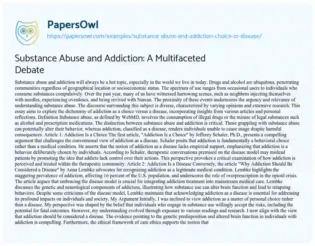 Essay on Substance Abuse and Addiction: Choice or Disease