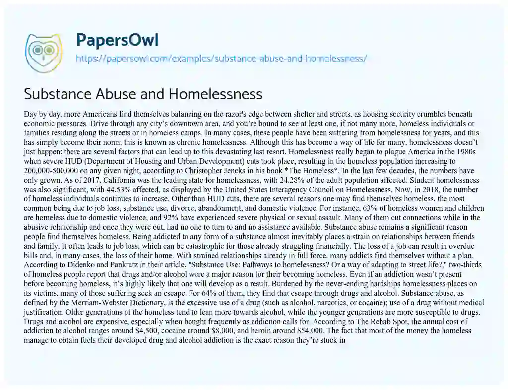 Essay on Substance Abuse and Homelessness