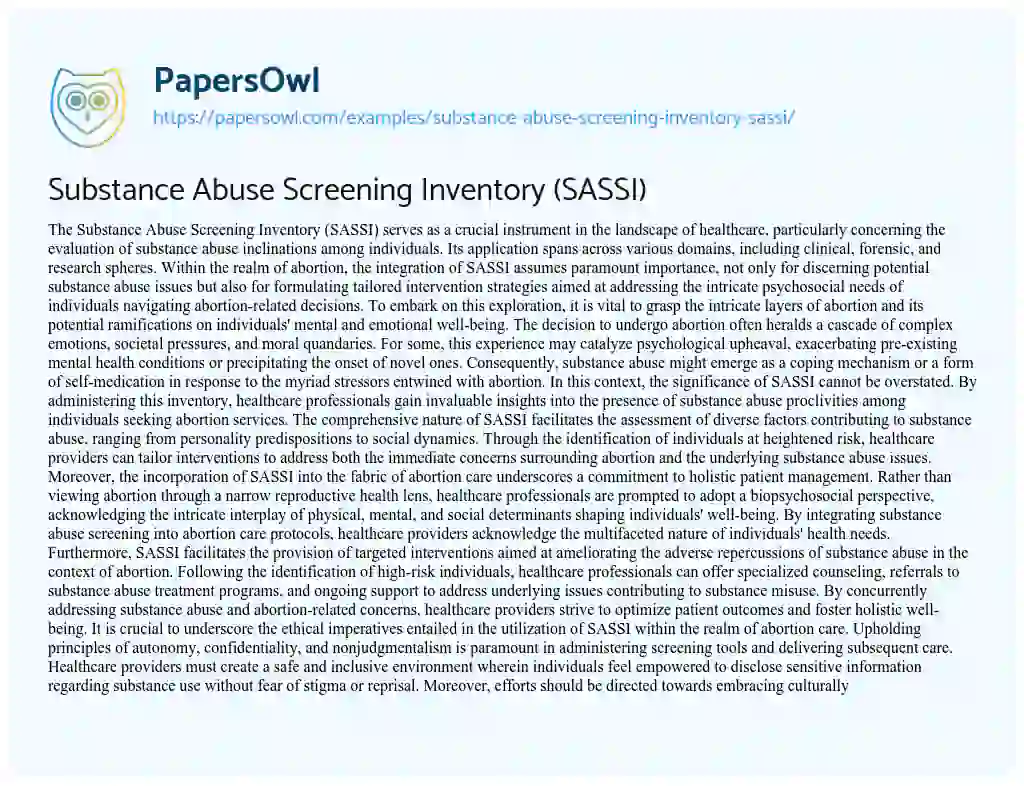 Essay on Substance Abuse Screening Inventory (SASSI)