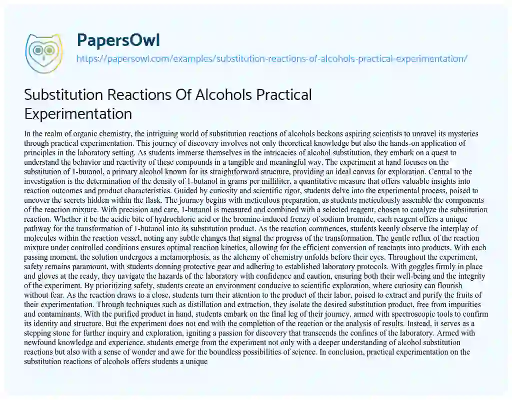 Essay on Substitution Reactions of Alcohols Practical Experimentation