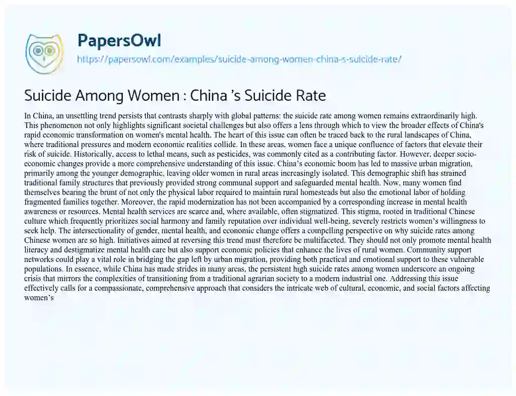 Essay on Suicide Among Women : China ‘s Suicide Rate