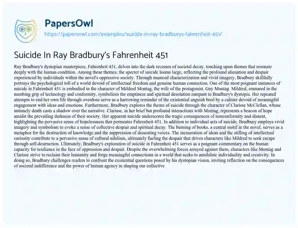 Essay on Suicide in Ray Bradbury’s Fahrenheit 451