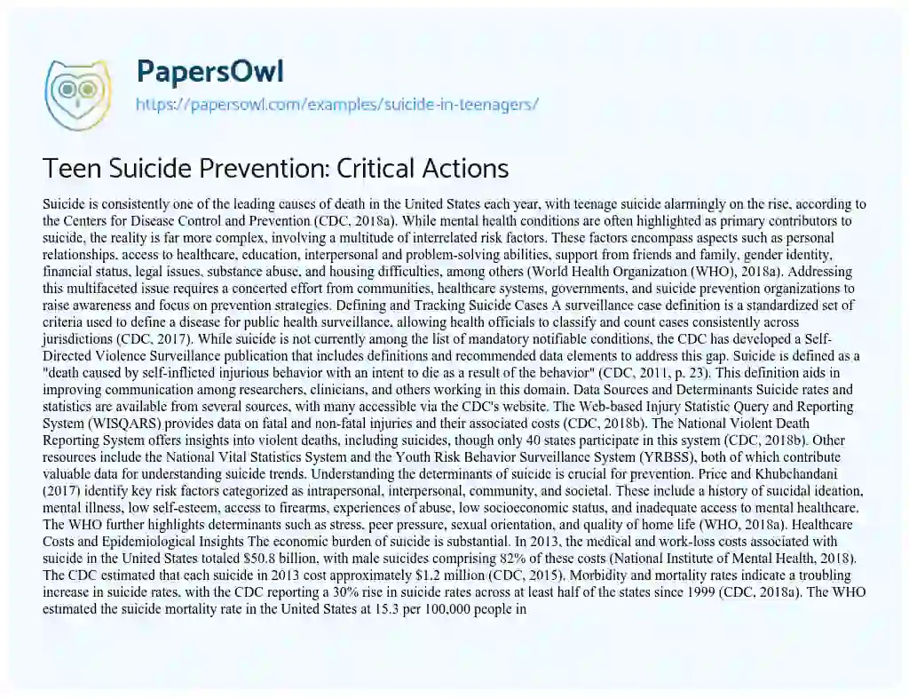 Essay on Suicide in Teenagers