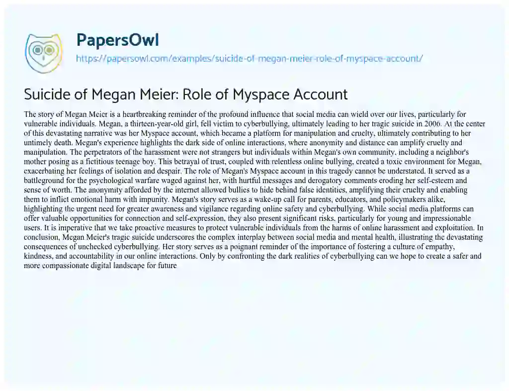 Essay on Suicide of Megan Meier: Role of Myspace Account