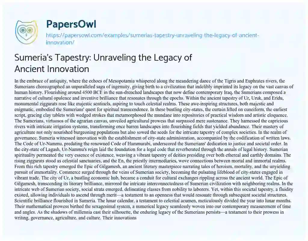 Essay on Sumeria’s Tapestry: Unraveling the Legacy of Ancient Innovation