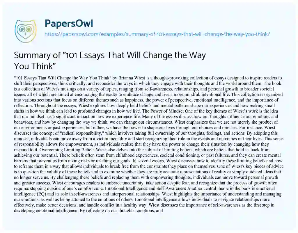 Essay on Summary of “101 Essays That Will Change the Way You Think”