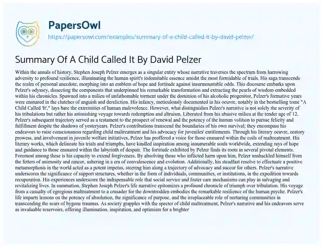 Essay on Summary of a Child Called it by David Pelzer