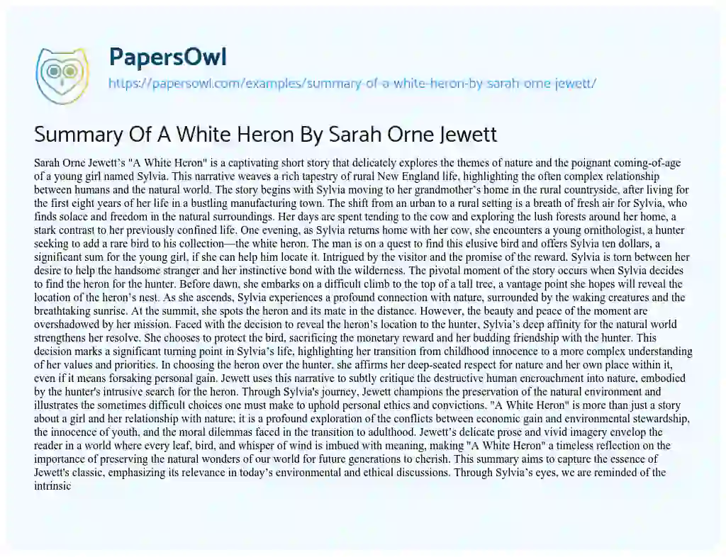 Essay on Summary of a White Heron by Sarah Orne Jewett