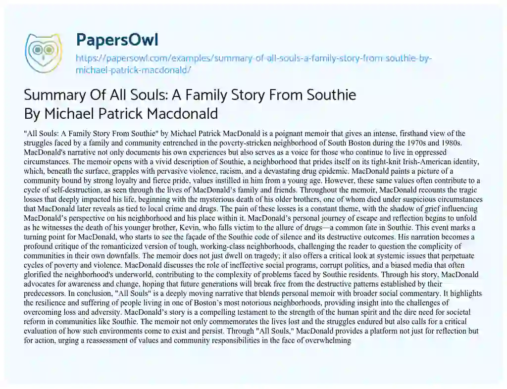 Essay on Summary of all Souls: a Family Story from Southie by Michael Patrick Macdonald