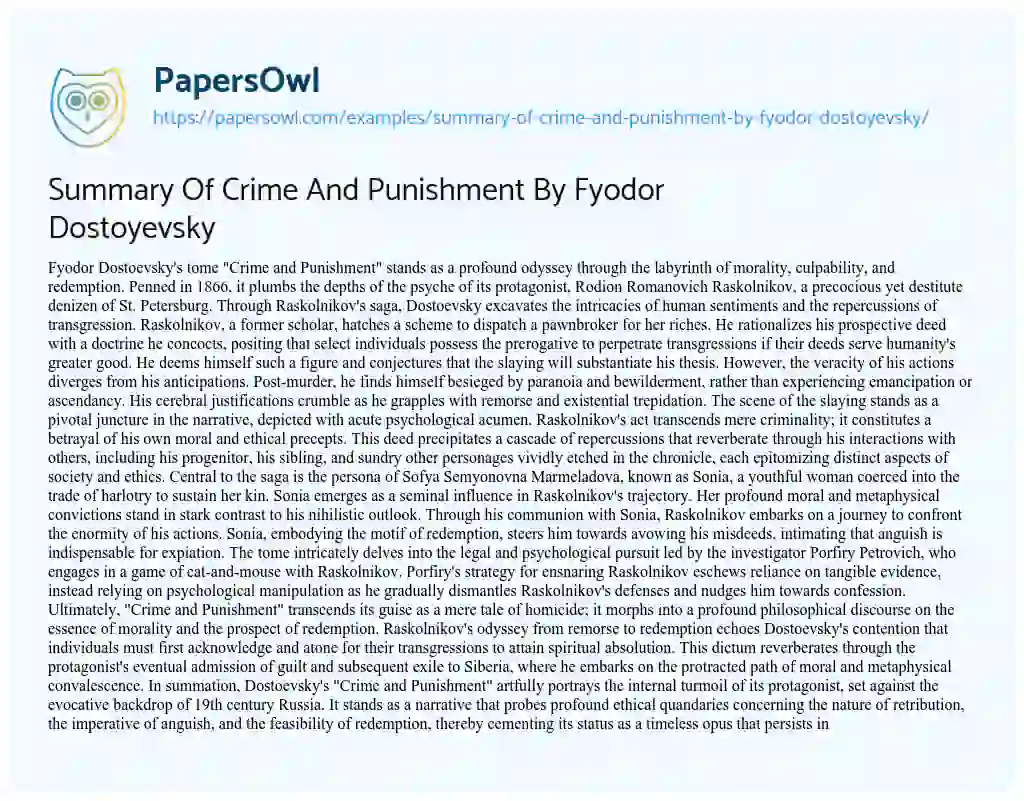 Essay on Summary of Crime and Punishment by Fyodor Dostoyevsky
