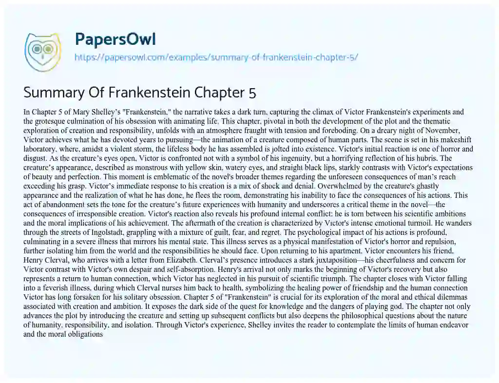 Essay on Summary of Frankenstein Chapter 5