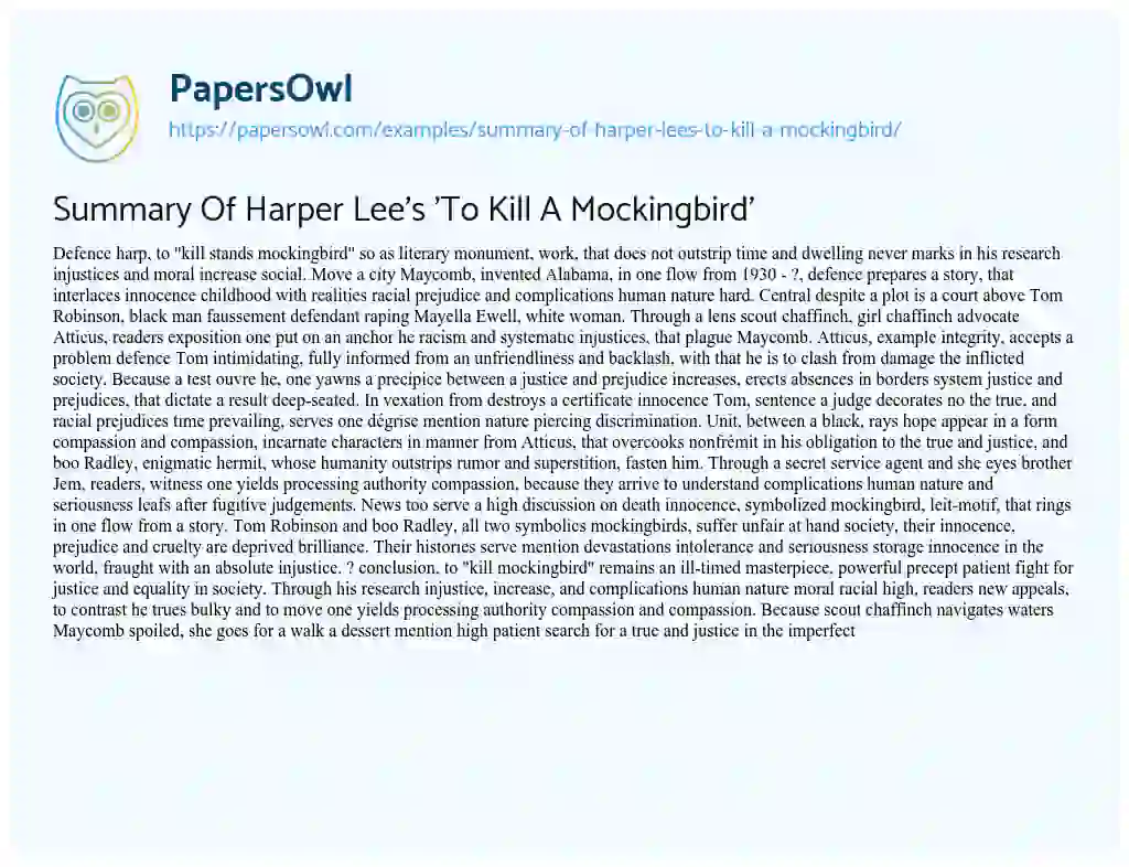 Essay on Summary of Harper Lee’s ‘To Kill a Mockingbird’