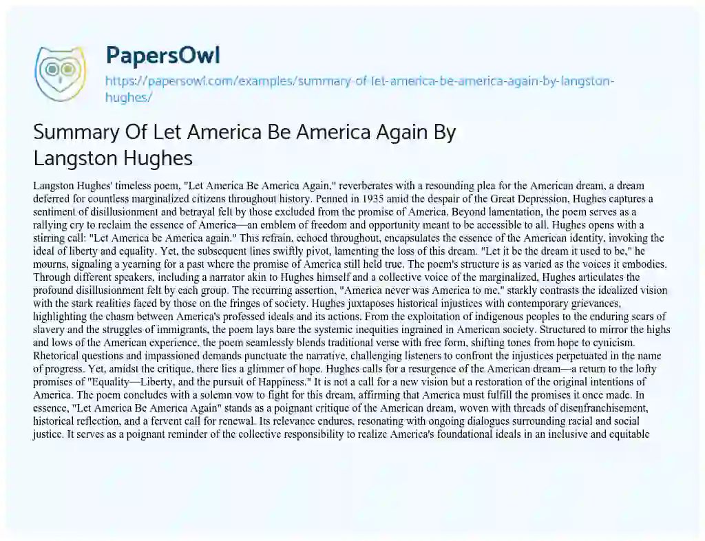 Essay on Summary of Let America be America again by Langston Hughes