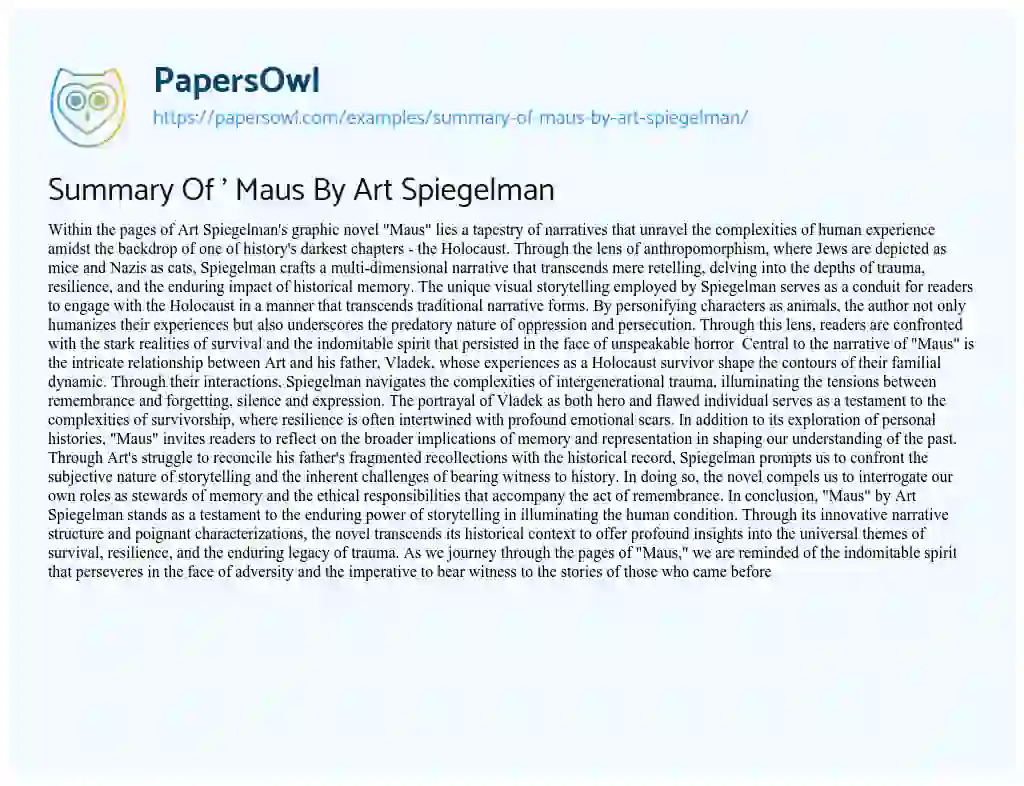Essay on Summary of ‘ Maus by Art Spiegelman