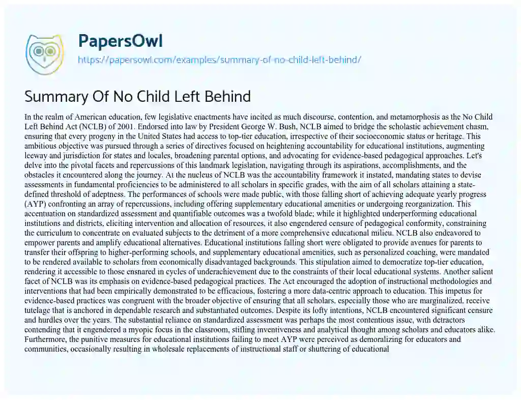 Essay on Summary of no Child Left Behind