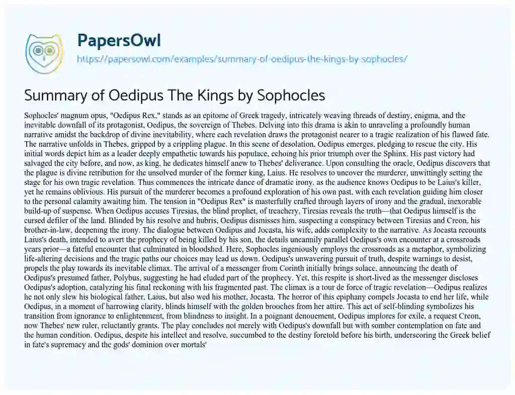 Essay on Summary of Oedipus the Kings by Sophocles