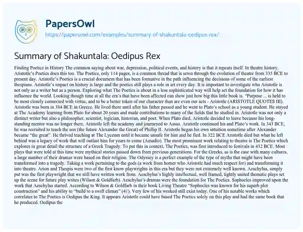 Summary of Shakuntala: Oedipus Rex essay